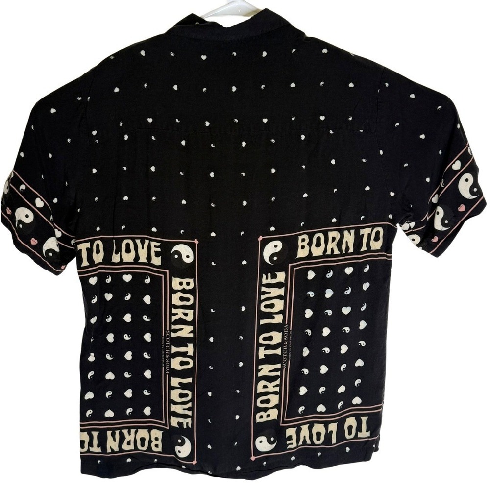 Scotch Soda Mens Black Born to Love Yin Yang Short Sleeve Button Up Shirt Size S - Picture 2 of 10